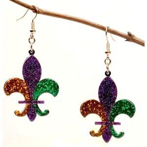 Mardi Gras Fleur De Lis‎ Glitter Dangle Earrings